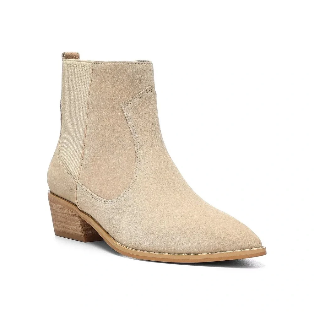 Donald Pliner Suede Pointed‎ Toe Chelsea Bootie Block Heel Beige Women's Size 10